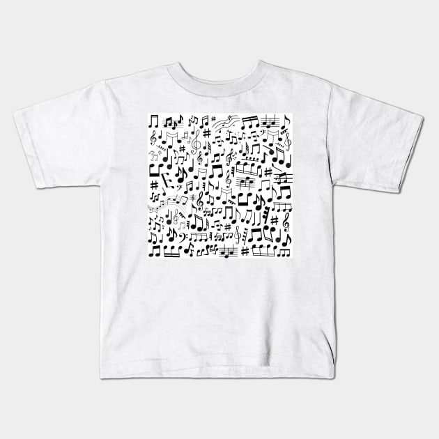 Random black music notes on white background Kids T-Shirt by TAMOH65